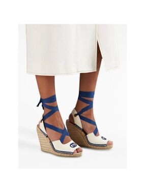 Gucci Cream Espadrille Wedge Sandals with Blue Wrap Straps